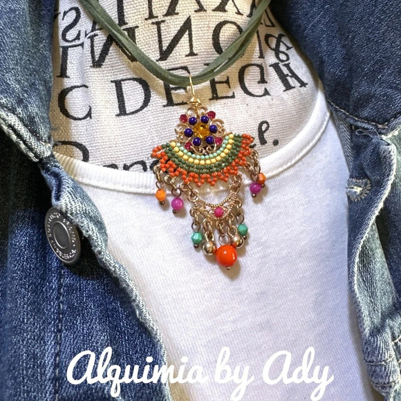 Bollywood statement colorful crystal chandelier pendant suede rope necklace - Picture 1 of 3